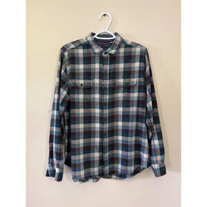 Woolrich Mens Large Green Brown Long Sleeve Plaid Button Up Shirt Front Pockets